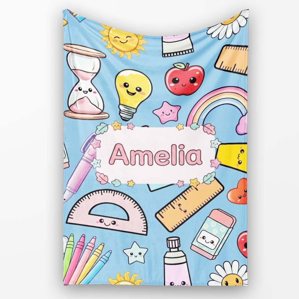 Cute Kawaii School Supplies Rainbow Apple Glue Blue Seamless Personalised Custom Name Super Soft Fleece Blanket Bed Sofa Throw