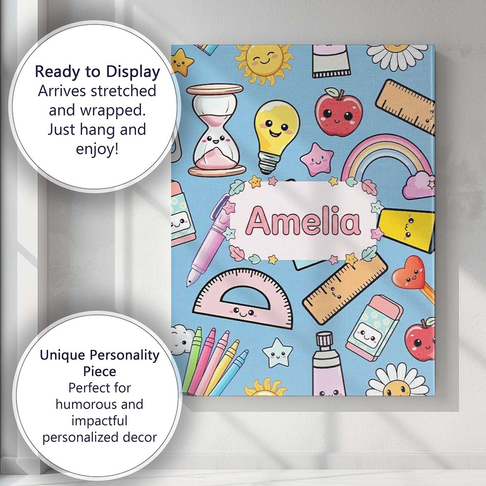 Personalised Name Cute Kawaii School Custom Premium Decorative Design Modern Room Accent Canvas Wall Art Print Decor Picture Ready to Hang