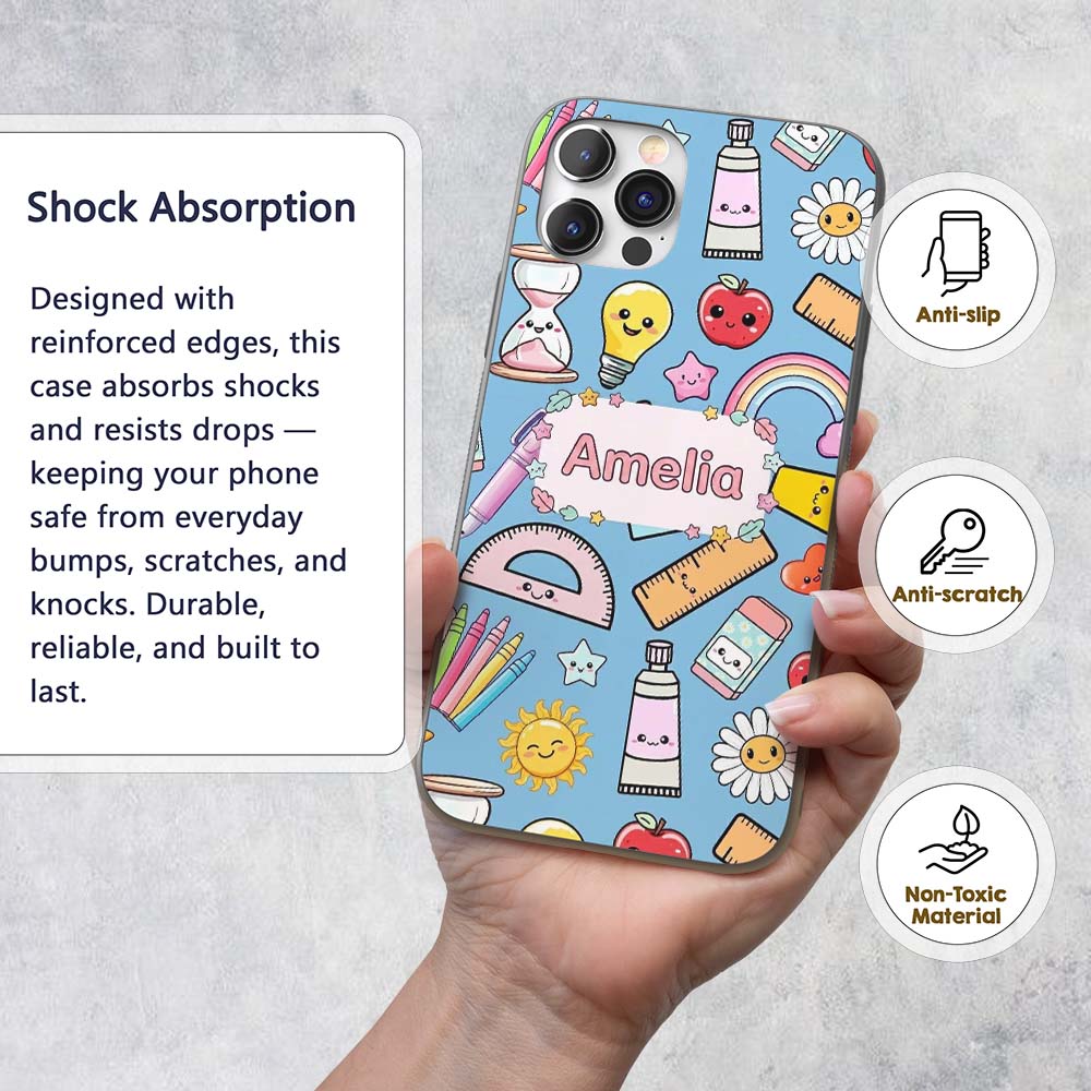 Cute Kawaii School Supplies Rainbow Apple Glue Custom Name Protective Phone Case Mobile Cover Durable Everyday Smartphone Shock Resistant