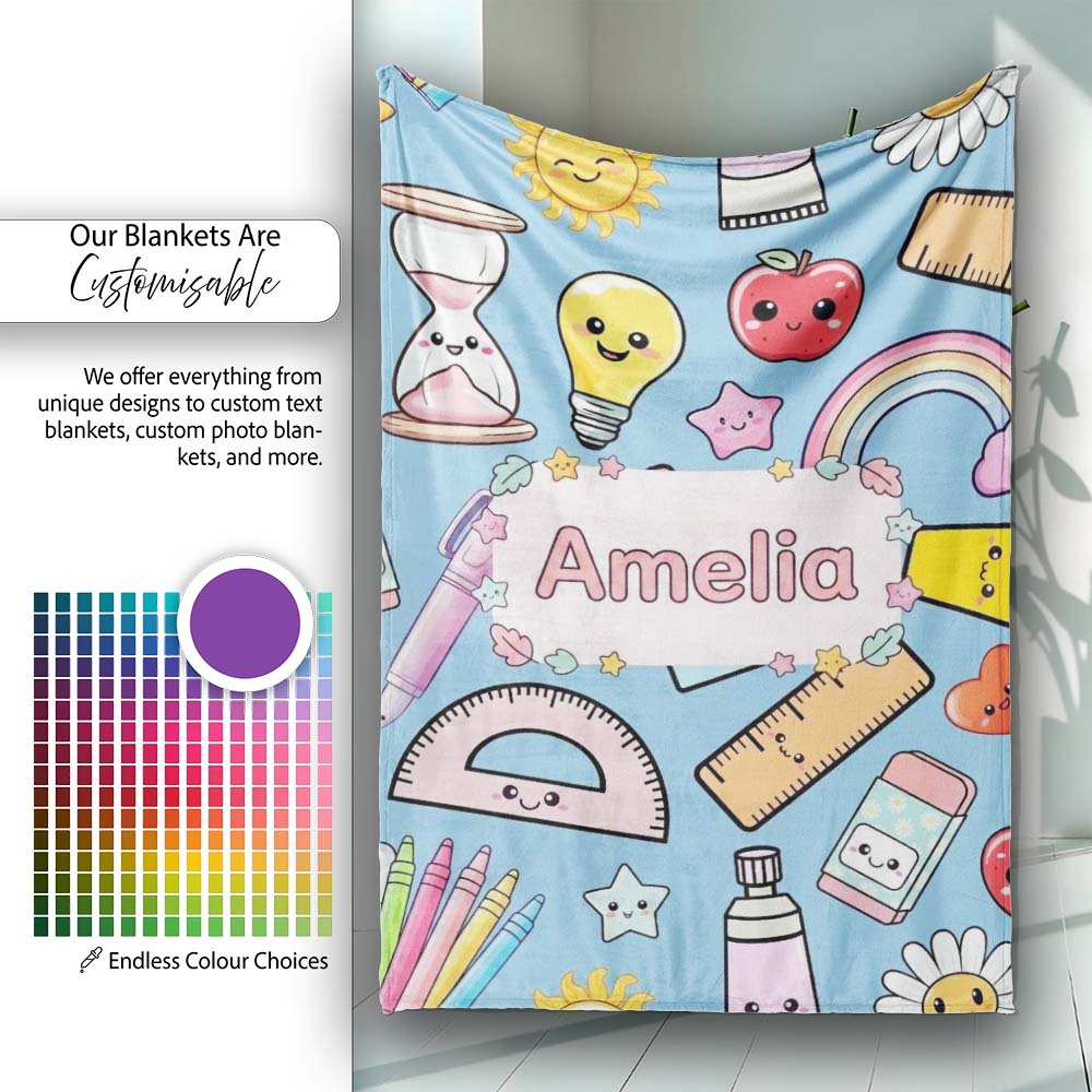 Cute Kawaii School Supplies Rainbow Apple Glue Blue Seamless Personalised Custom Name Super Soft Fleece Blanket Bed Sofa Throw