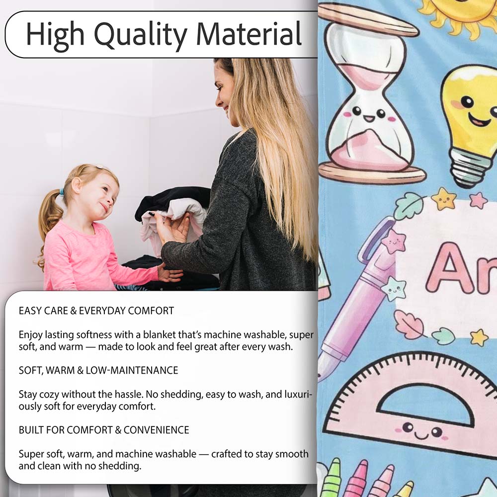 Cute Kawaii School Supplies Rainbow Apple Glue Blue Seamless Personalised Custom Name Super Soft Fleece Blanket Bed Sofa Throw