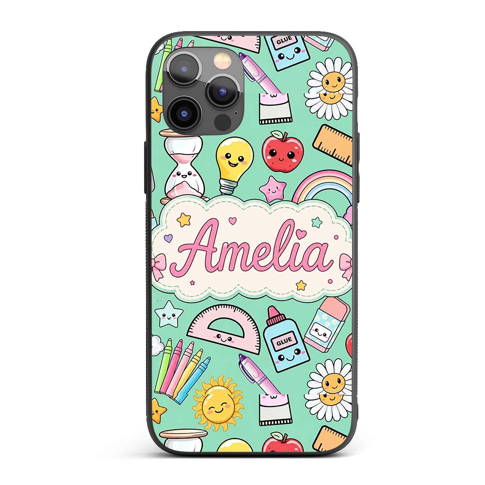 Cute Kawaii School Supplies Rainbow Apple Glue Custom Name Protective Phone Case Mobile Cover Durable Everyday Smartphone Shock Resistant