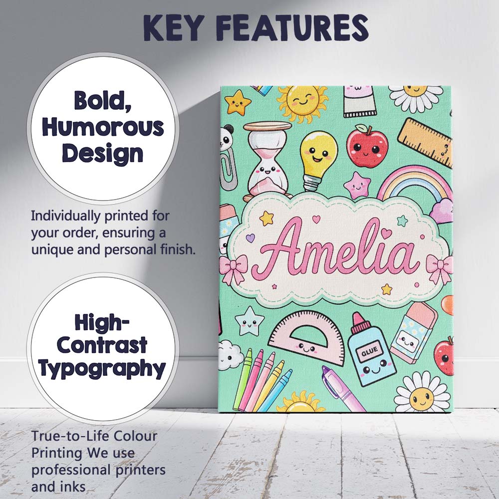 Personalised Name Cute Kawaii School Custom Premium Decorative Design Modern Room Accent Canvas Wall Art Print Decor Picture Ready to Hang