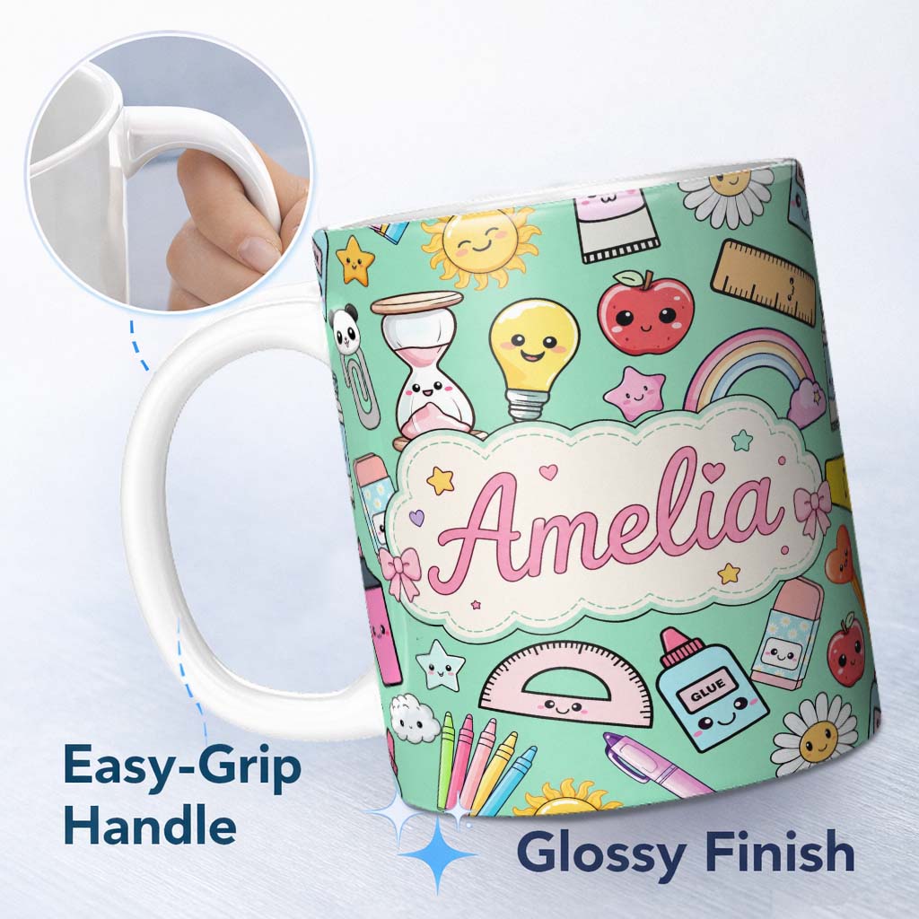 Personalized Custom Name Cute Kawaii School Supplies Rainbow Apple Glue Green Seamless 11oz Ceramic Coffee Tea Mug White Large Handle