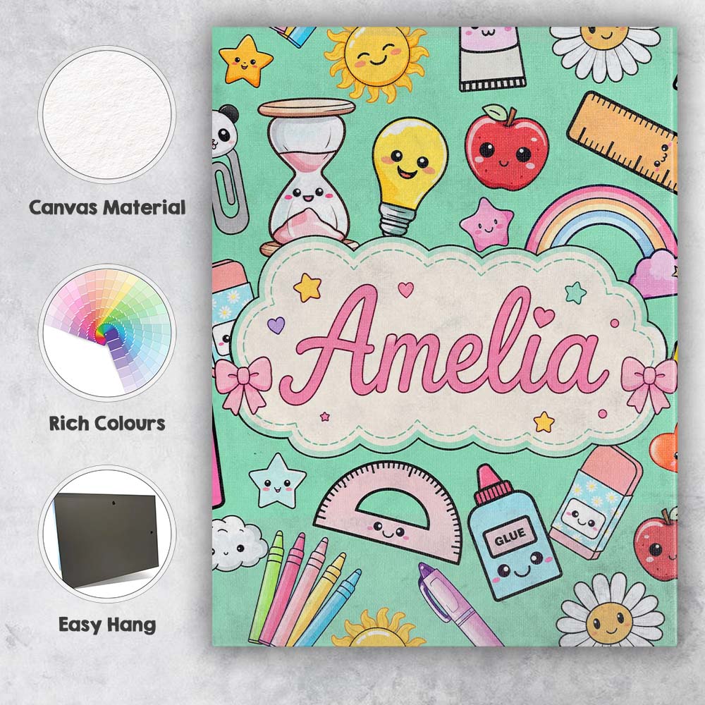 Personalised Name Cute Kawaii School Custom Premium Decorative Design Modern Room Accent Canvas Wall Art Print Decor Picture Ready to Hang
