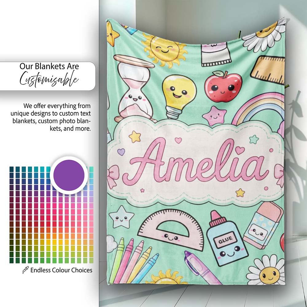 Cute Kawaii School Supplies Rainbow Apple Glue Green Seamless Personalised Custom Name Super Soft Fleece Blanket Bed Sofa Throw