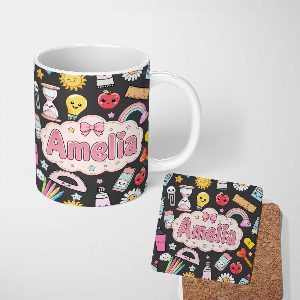 Personalized Custom Name Cute Kawaii School Supplies Rainbow Apple Glue Dark Seamless 11oz Ceramic Coffee Tea Mug White Large Handle