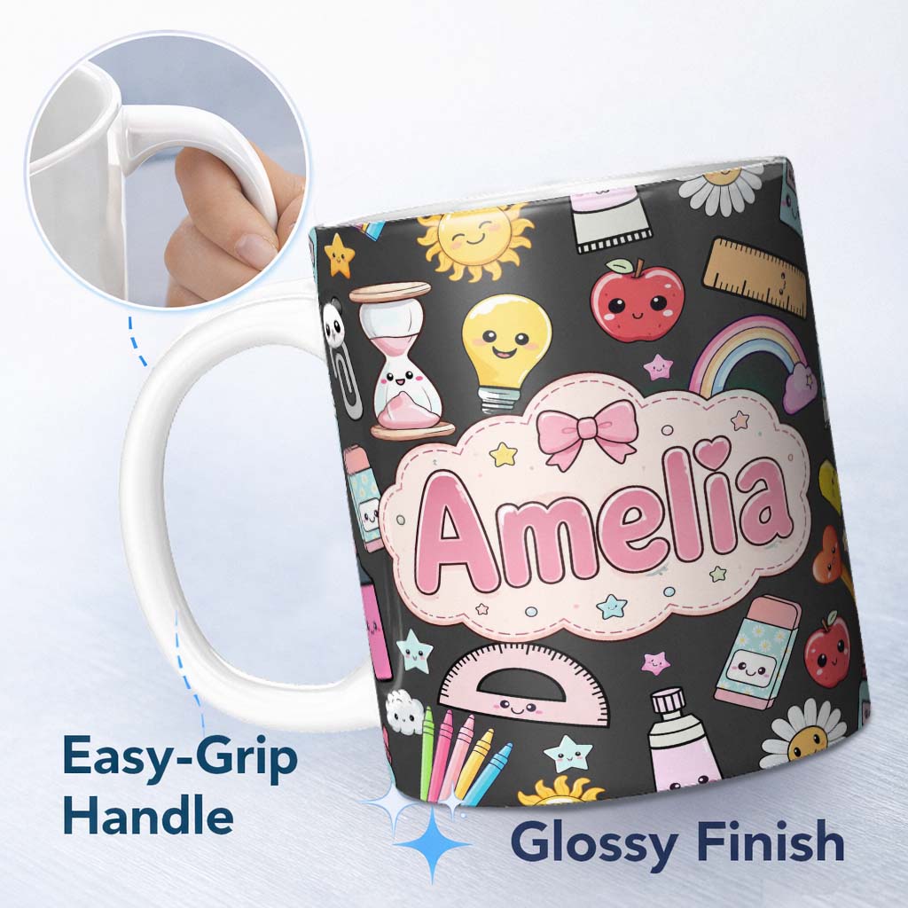 Personalized Custom Name Cute Kawaii School Supplies Rainbow Apple Glue Dark Seamless 11oz Ceramic Coffee Tea Mug White Large Handle