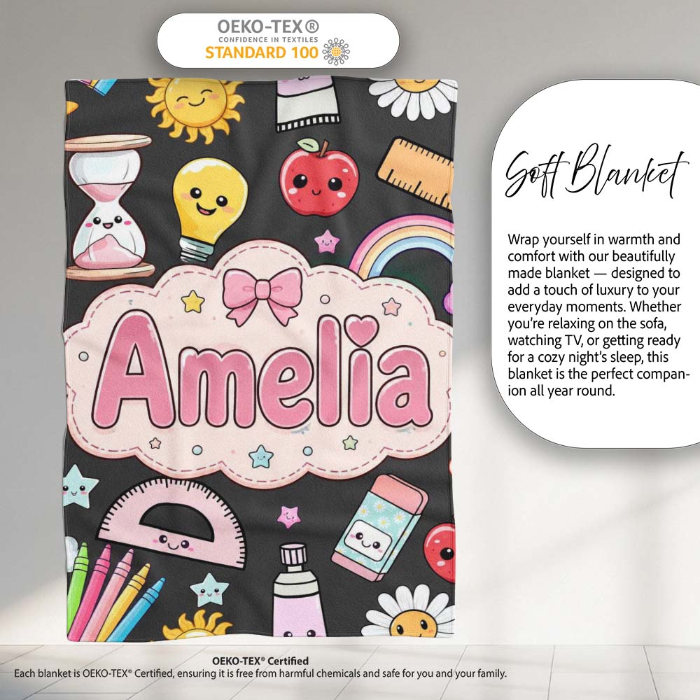 Cute Kawaii School Supplies Rainbow Apple Glue Dark Seamless Personalised Custom Name Super Soft Fleece Blanket Bed Sofa Throw