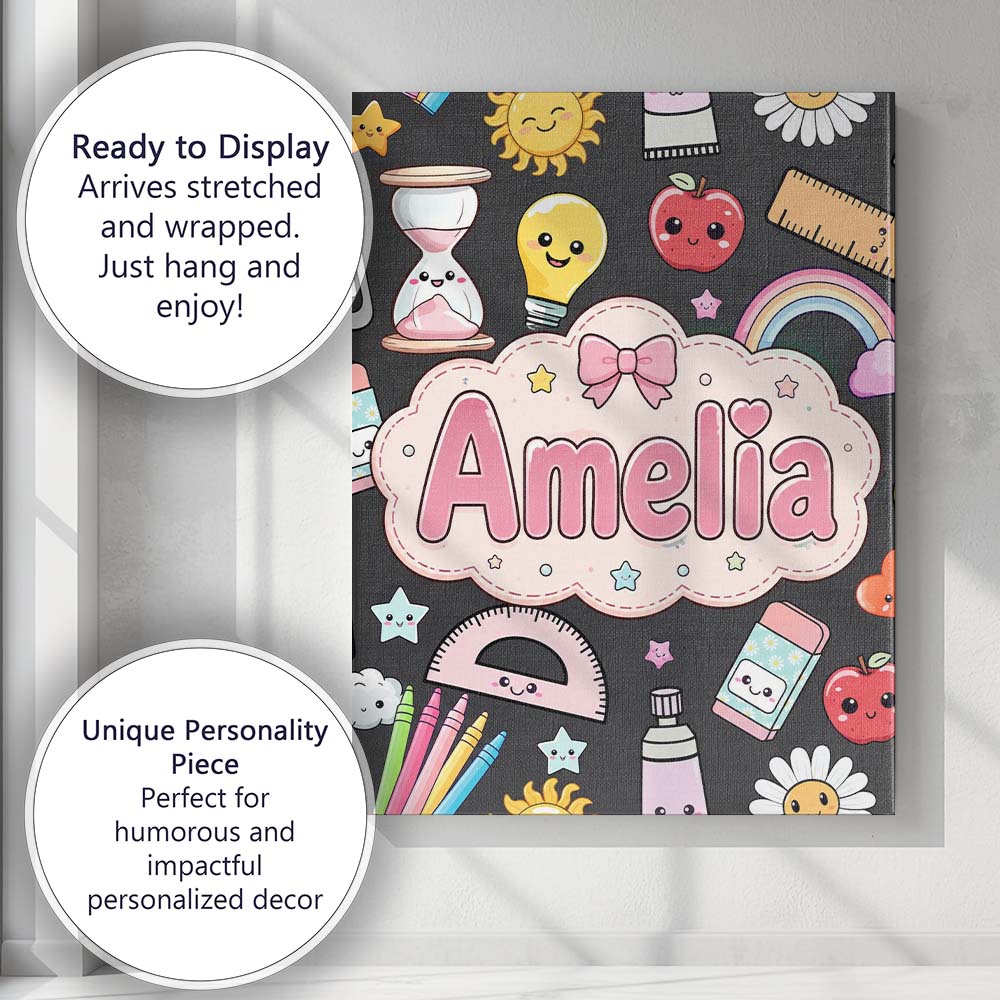 Personalised Name Cute Kawaii School Custom Premium Decorative Design Modern Room Accent Canvas Wall Art Print Decor Picture Ready to Hang