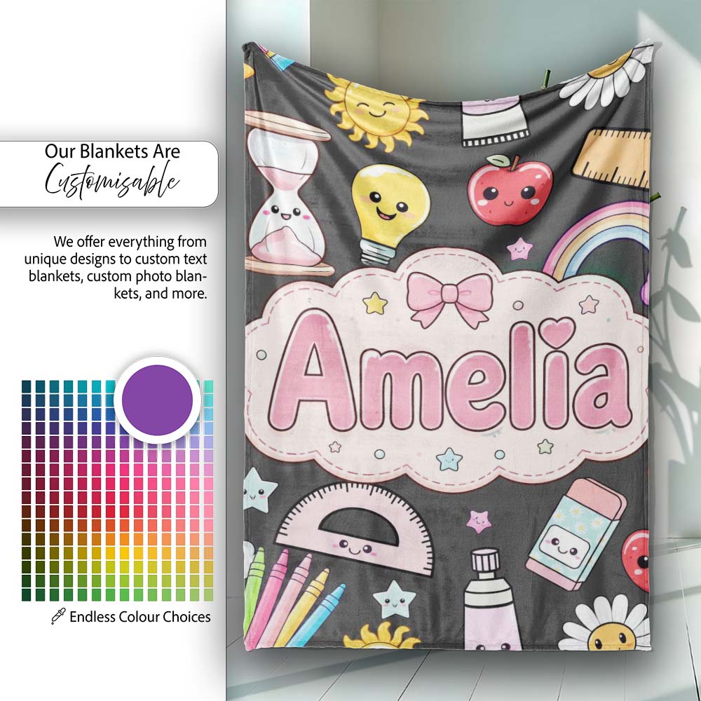 Cute Kawaii School Supplies Rainbow Apple Glue Dark Seamless Personalised Custom Name Super Soft Fleece Blanket Bed Sofa Throw