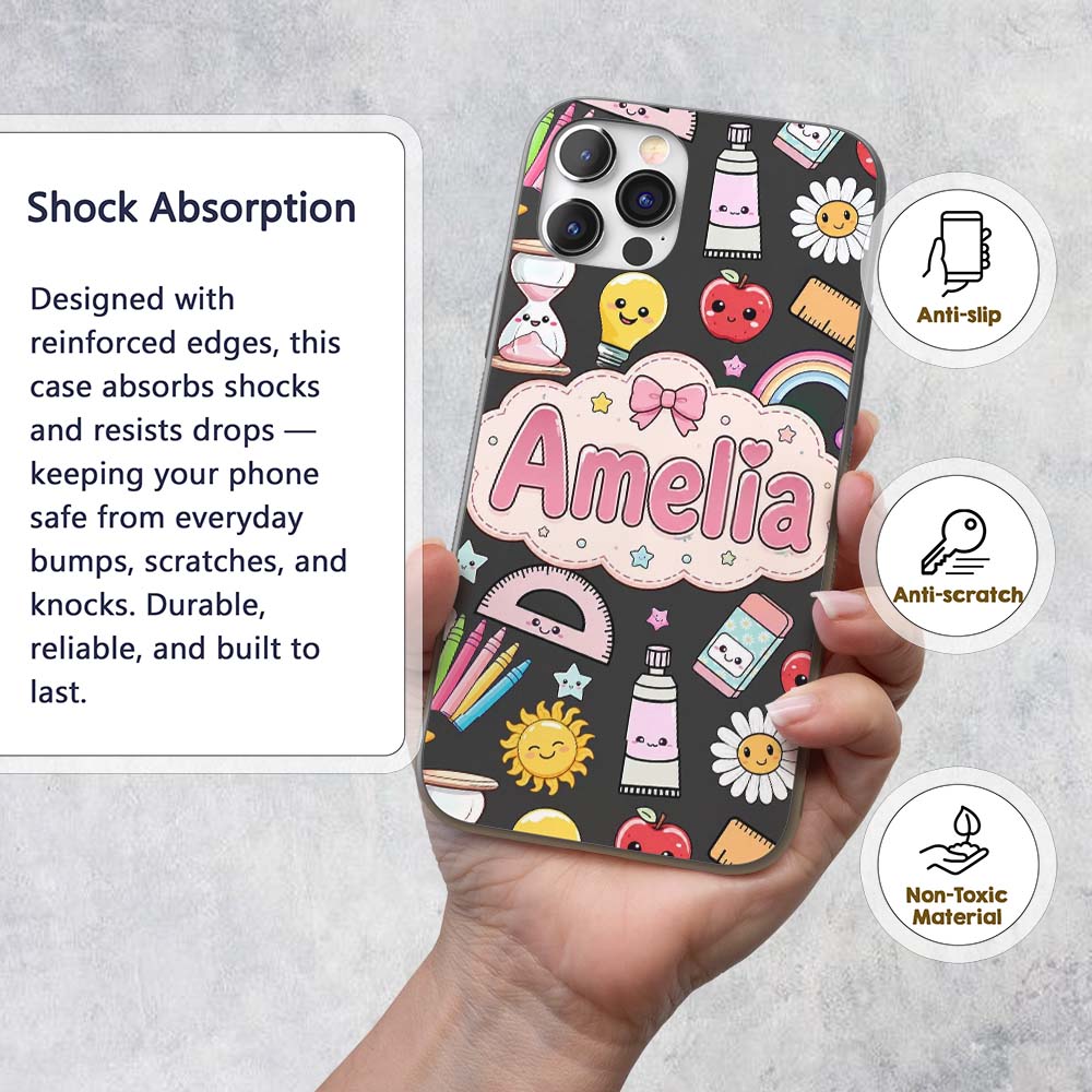 Cute Kawaii School Supplies Rainbow Apple Glue Custom Name Protective Phone Case Mobile Cover Durable Everyday Smartphone Shock Resistant