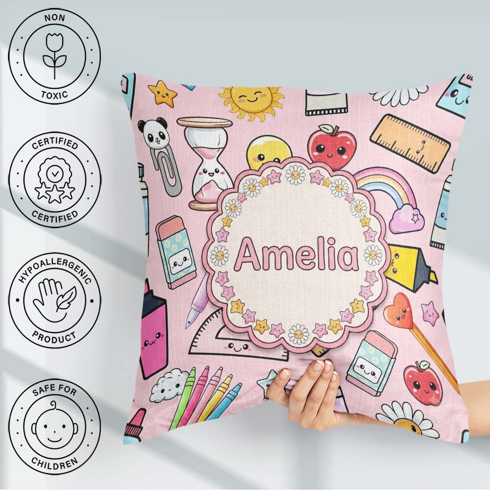 Custom Name Cute Kawaii School Supplies Apple Glue Pink Seamless Square Filled Cushion Throw Pillow Sofa Bed Home Decor Zip Washable UK Made