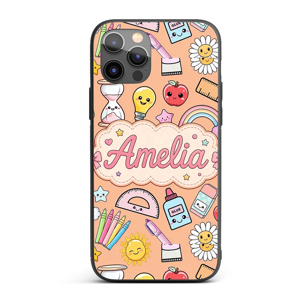 Cute Kawaii School Supplies Glue Rainbow Apple Custom Name Protective Phone Case Mobile Cover Durable Everyday Smartphone Shock Resistant