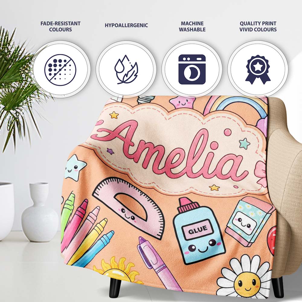 Cute Kawaii School Supplies Glue Rainbow Apple Ruler Seamless Personalised Custom Name Super Soft Fleece Blanket Bed Sofa Throw