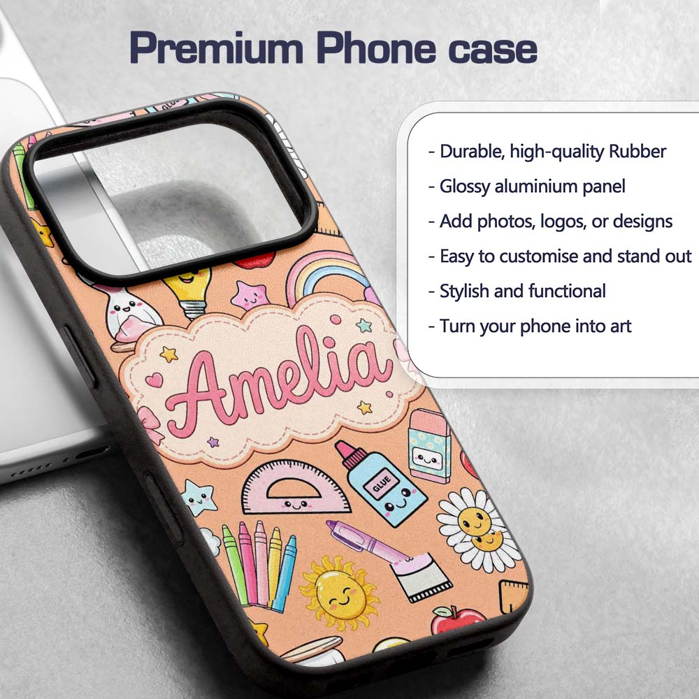 Cute Kawaii School Supplies Glue Rainbow Apple Custom Name Protective Phone Case Mobile Cover Durable Everyday Smartphone Shock Resistant