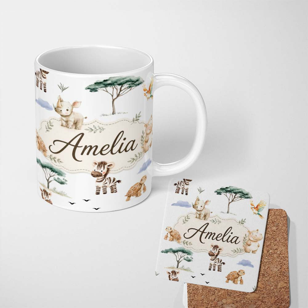 Personalized Custom Name Cute Safari Animals Zebra Rhino Turtle with Trees Neutral Background 11oz Ceramic Coffee Tea Mug White Large Handle