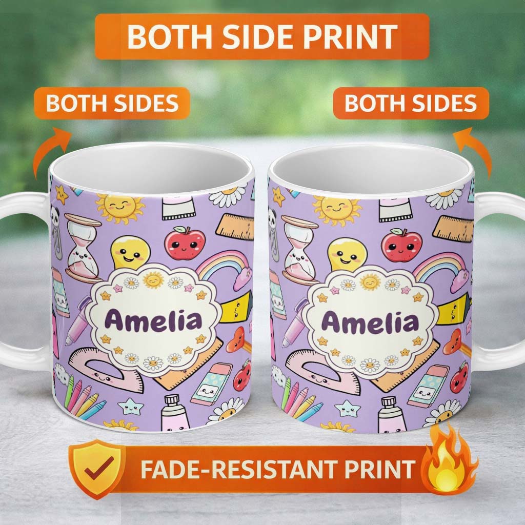 Personalized Custom Name Cute Kawaii School Supplies Rainbow Apple Purple Background 11oz Ceramic Coffee Tea Mug White Large Handle