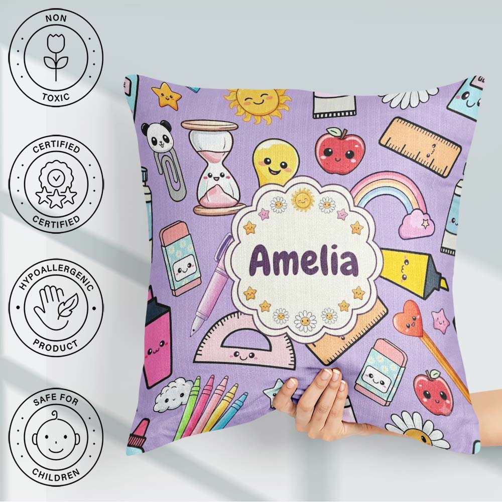 Custom Name Cute Kawaii School Supplies Rainbow Apple Background Square Filled Cushion Throw Pillow Sofa Bed Home Decor Zip Washable UK Made