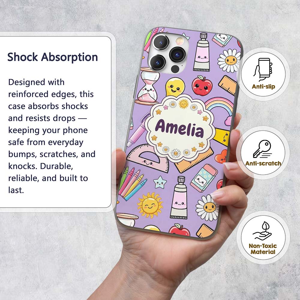 Cute Kawaii School Supplies Rainbow Apple Purple Custom Name Protective Phone Case Mobile Cover Durable Everyday Smartphone Shock Resistant