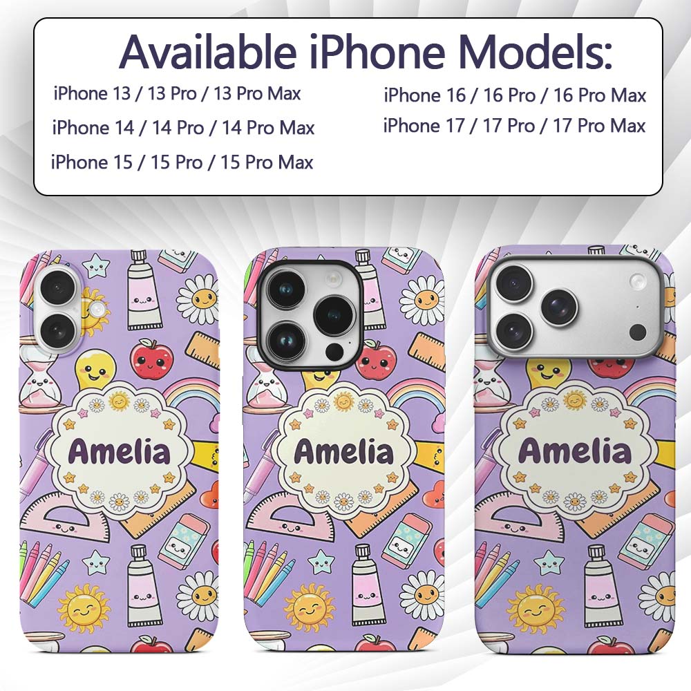 Cute Kawaii School Supplies Rainbow Apple Purple Custom Name Protective Phone Case Mobile Cover Durable Everyday Smartphone Shock Resistant