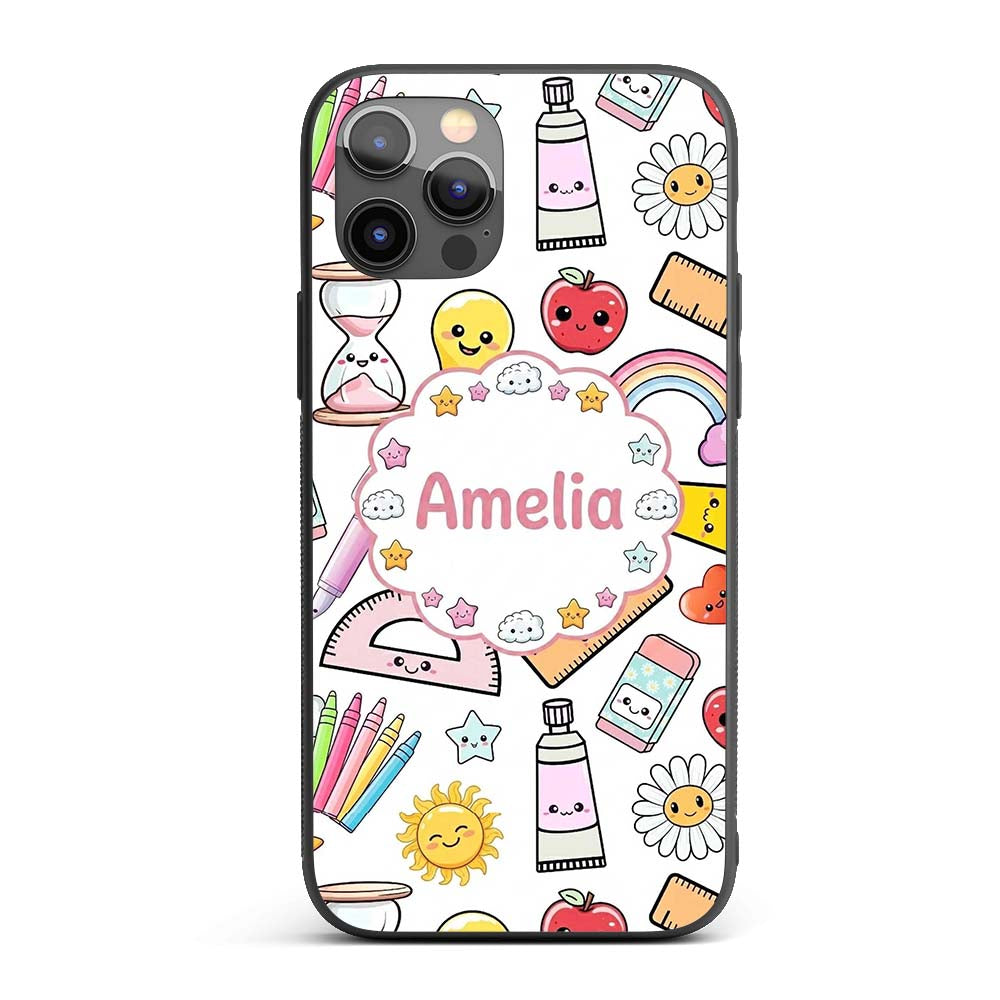 Cute Kawaii School Supplies Glue Rainbow Apple Custom Name Protective Phone Case Mobile Cover Durable Everyday Smartphone Shock Resistant