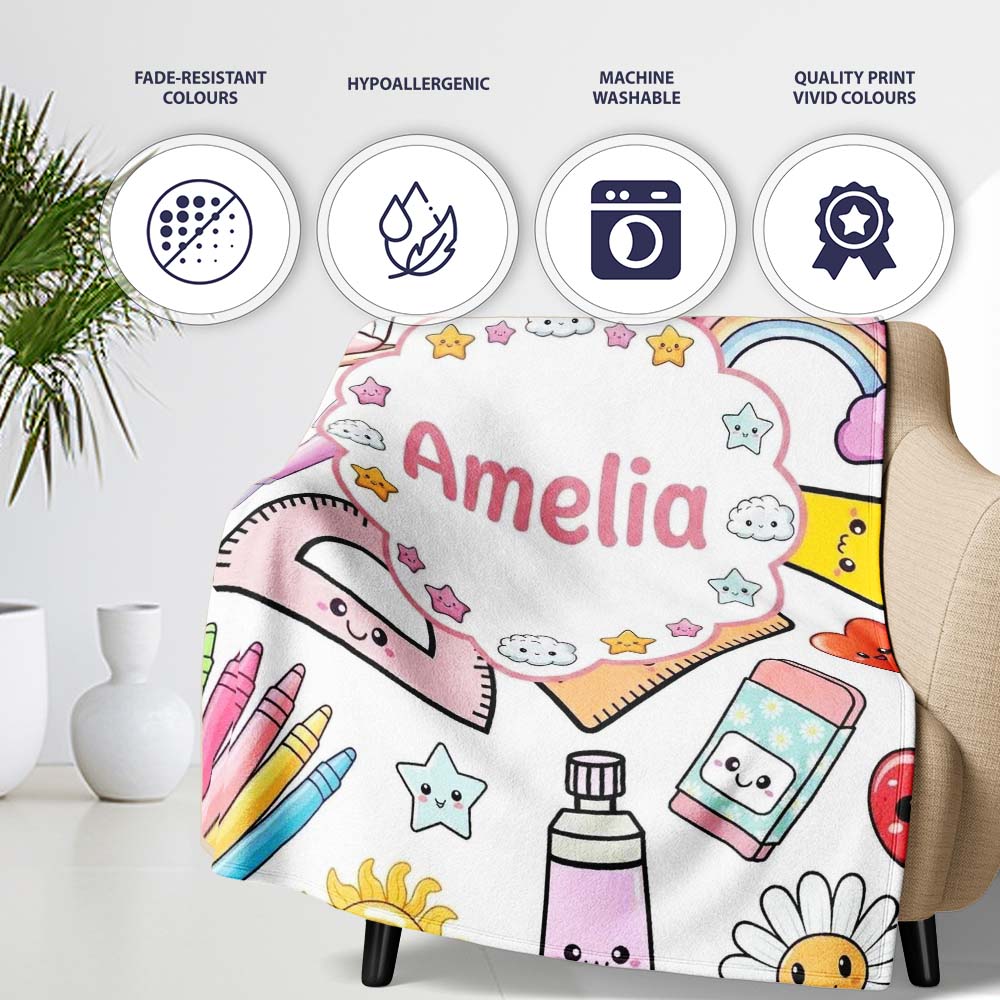Cute Kawaii School Supplies Glue Rainbow Apple Grey Background Personalised Custom Name Super Soft Fleece Blanket Bed Sofa Throw
