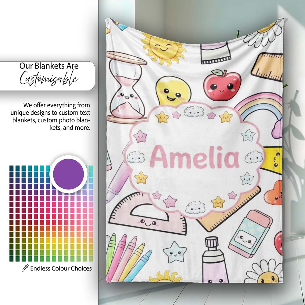 Cute Kawaii School Supplies Glue Rainbow Apple Grey Background Personalised Custom Name Super Soft Fleece Blanket Bed Sofa Throw
