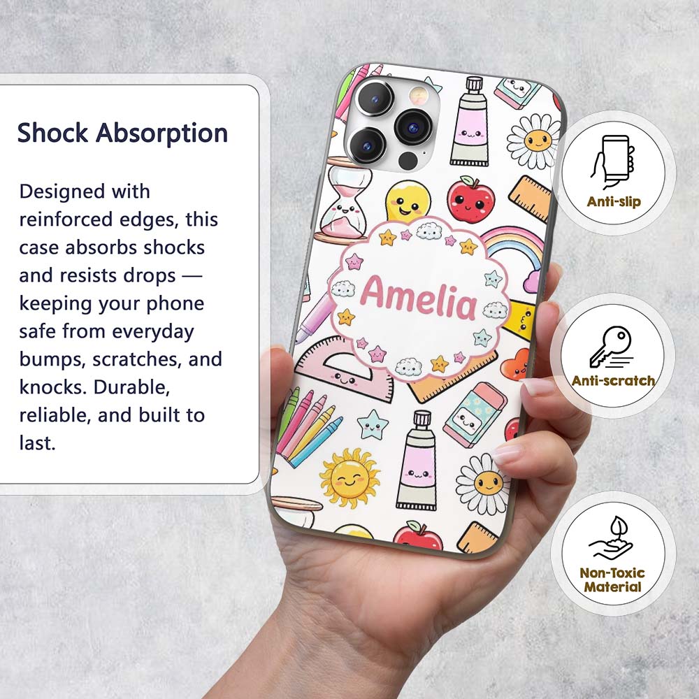 Cute Kawaii School Supplies Glue Rainbow Apple Custom Name Protective Phone Case Mobile Cover Durable Everyday Smartphone Shock Resistant