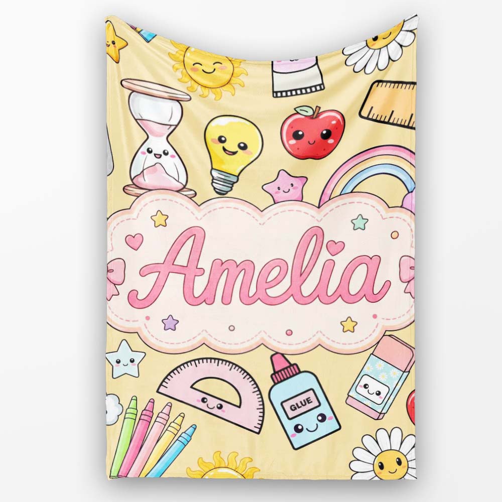 Cute Kawaii School Supplies Rainbow Apple Yellow Background Personalised Custom Name Super Soft Fleece Blanket Bed Sofa Throw