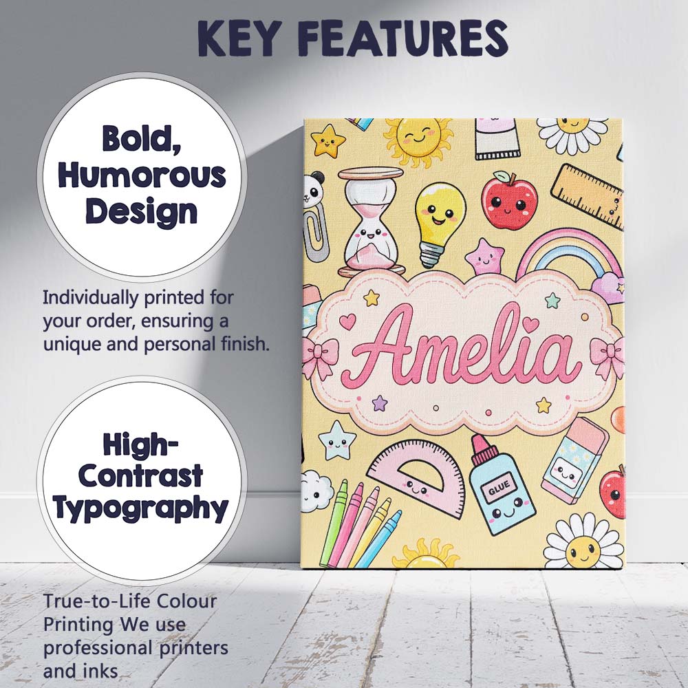 Personalised Name Cute Kawaii School Custom Premium Decorative Design Modern Room Accent Canvas Wall Art Print Decor Picture Ready to Hang