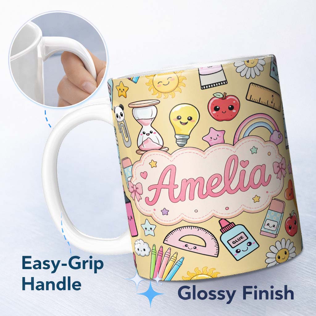 Personalized Custom Name Cute Kawaii School Supplies Rainbow Apple Yellow Background 11oz Ceramic Coffee Tea Mug White Large Handle