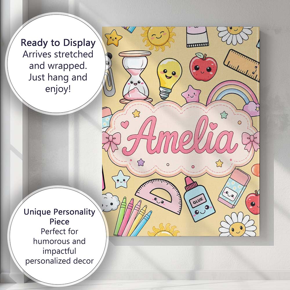 Personalised Name Cute Kawaii School Custom Premium Decorative Design Modern Room Accent Canvas Wall Art Print Decor Picture Ready to Hang