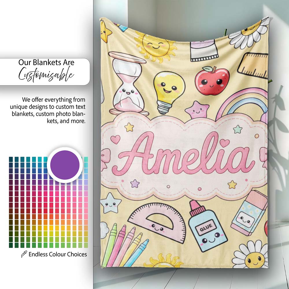 Cute Kawaii School Supplies Rainbow Apple Yellow Background Personalised Custom Name Super Soft Fleece Blanket Bed Sofa Throw