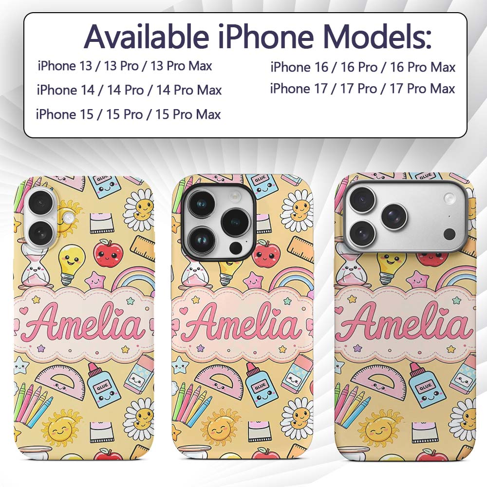 Cute Kawaii School Supplies Rainbow Apple Yellow Custom Name Protective Phone Case Mobile Cover Durable Everyday Smartphone Shock Resistant