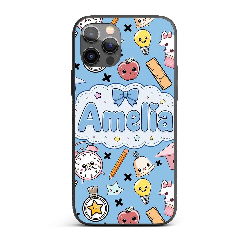 Cute Kawaii School Supplies Cat Printed Design Custom Name Protective Phone Case Mobile Cover Durable Everyday Smartphone Shock Resistant