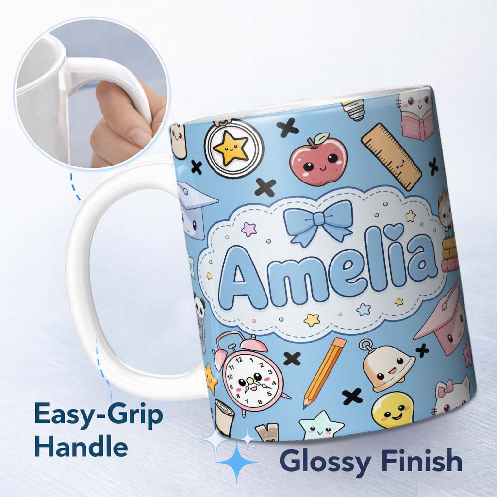 Personalized Custom Name Cute Kawaii School Supplies Cat Books Clock Pencil Blue Seamless 11oz Ceramic Coffee Tea Mug White Large Handle