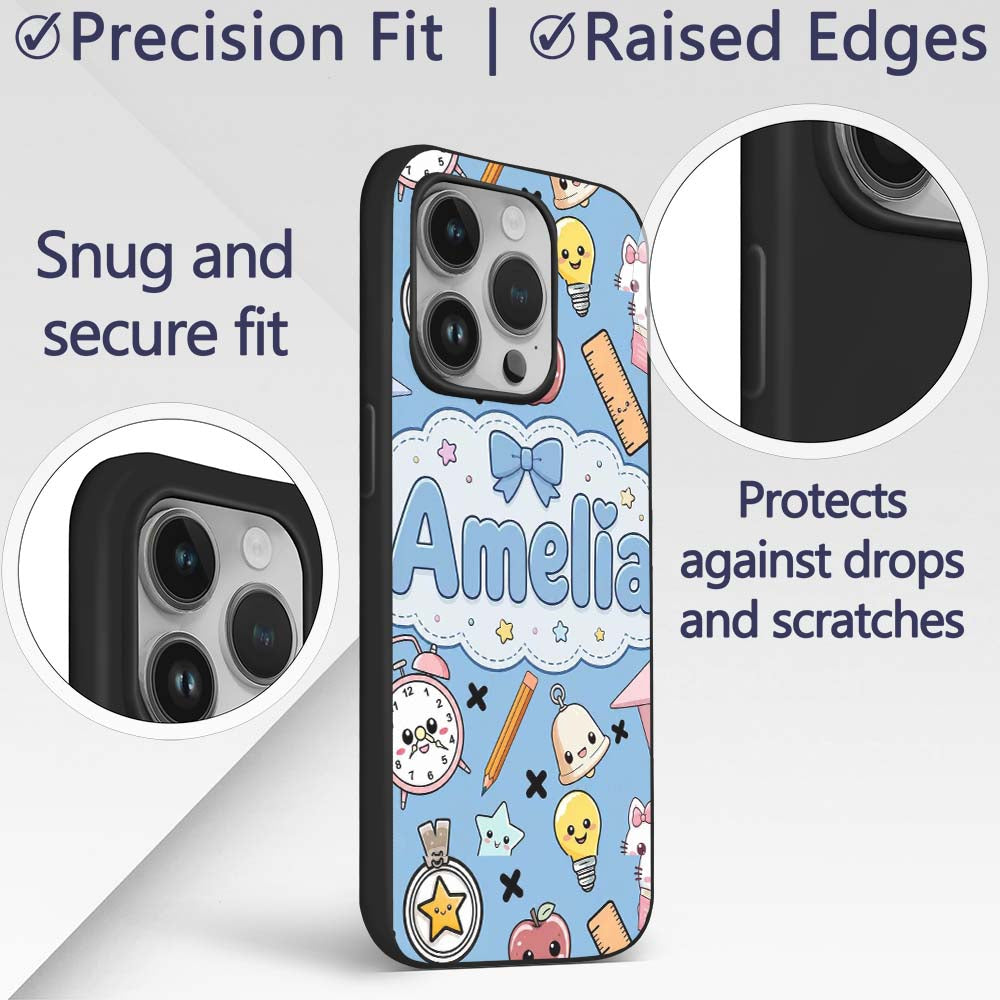 Cute Kawaii School Supplies Cat Printed Design Custom Name Protective Phone Case Mobile Cover Durable Everyday Smartphone Shock Resistant
