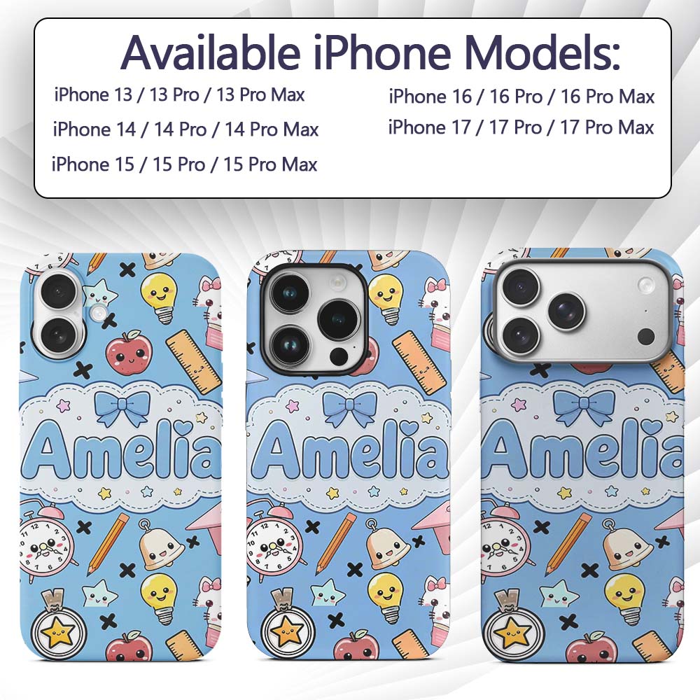 Cute Kawaii School Supplies Cat Printed Design Custom Name Protective Phone Case Mobile Cover Durable Everyday Smartphone Shock Resistant