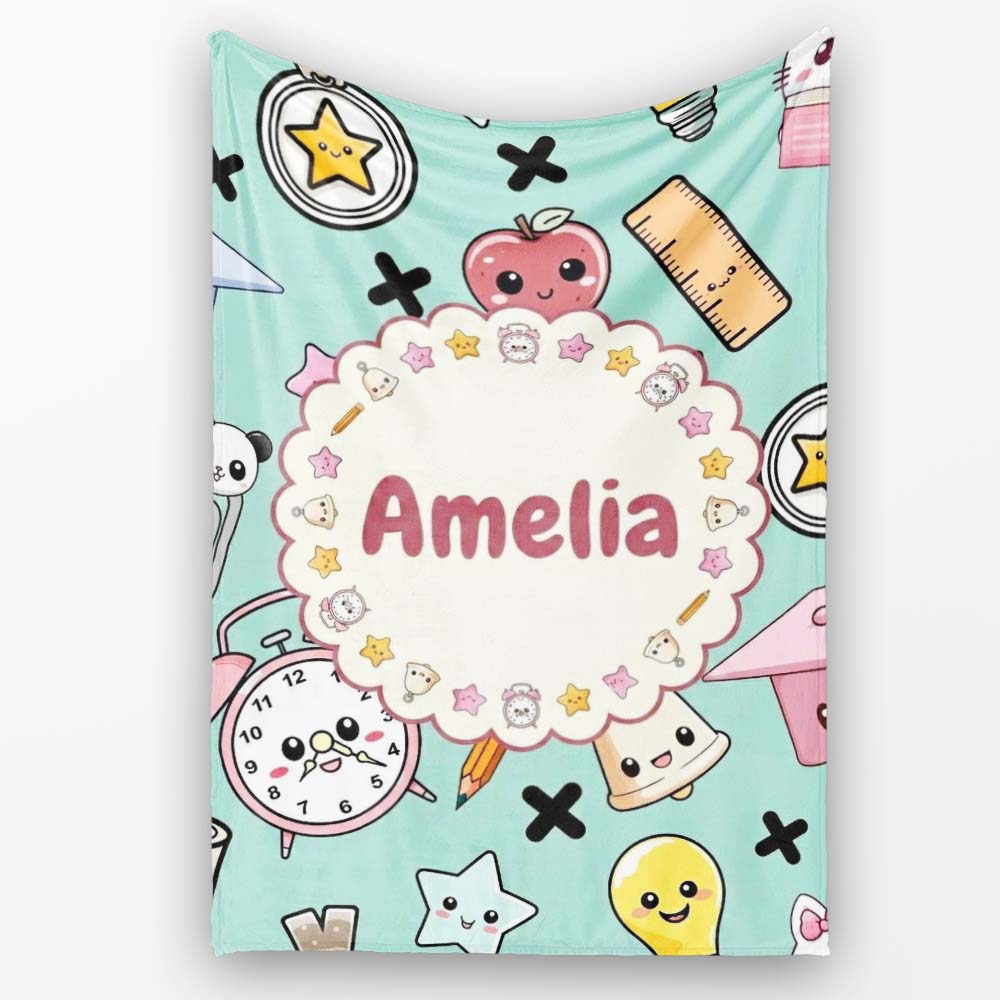 Cute Kawaii School Supplies Cat Books Clock Pencil Green Seamless Personalised Custom Name Super Soft Fleece Blanket Bed Sofa Throw