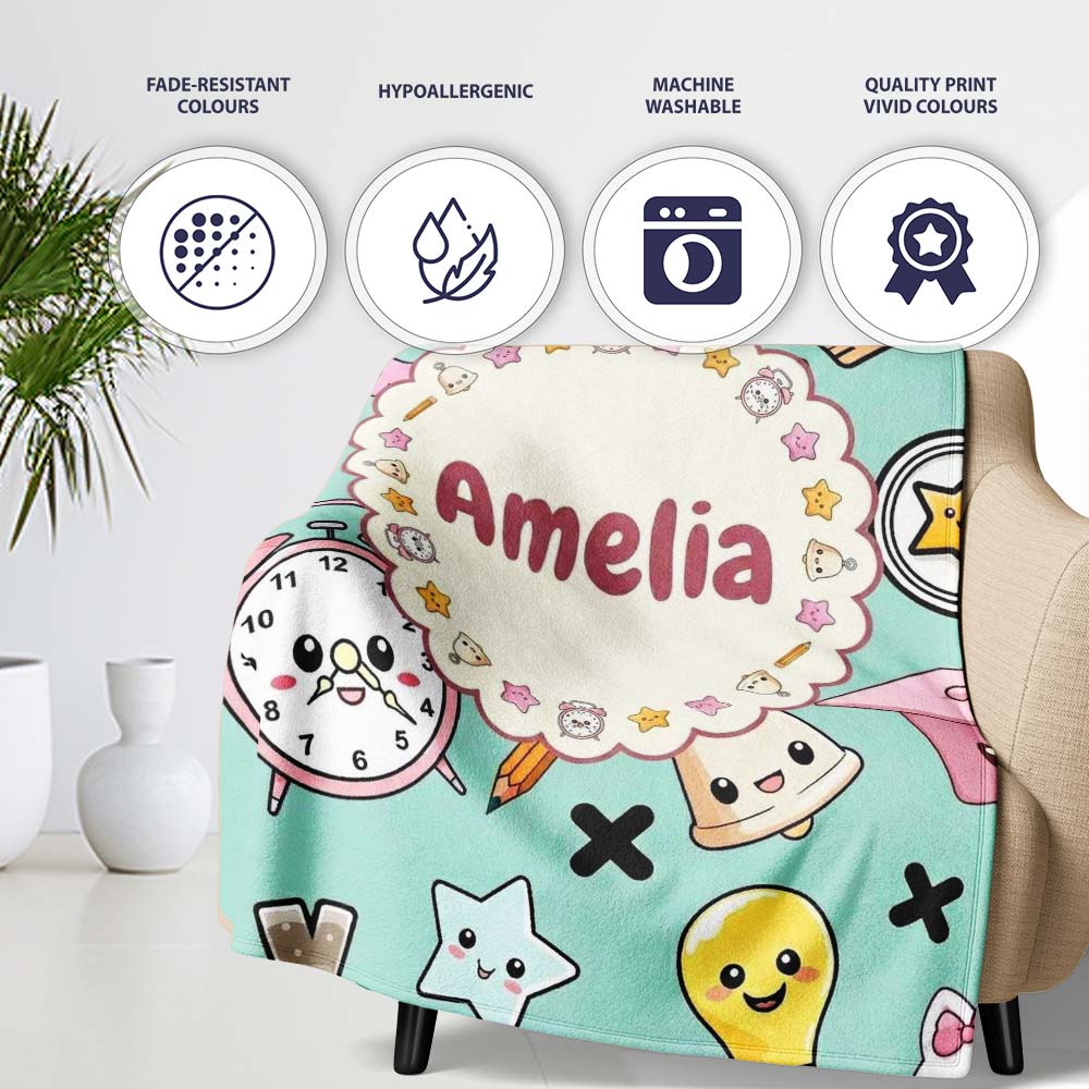 Cute Kawaii School Supplies Cat Books Clock Pencil Green Seamless Personalised Custom Name Super Soft Fleece Blanket Bed Sofa Throw