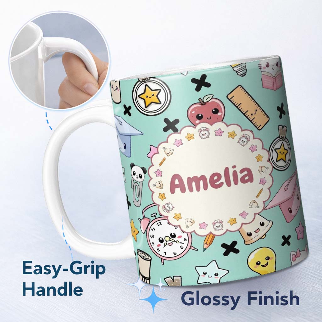 Personalized Custom Name Cute Kawaii School Supplies Cat Books Clock Pencil Green Seamless 11oz Ceramic Coffee Tea Mug White Large Handle