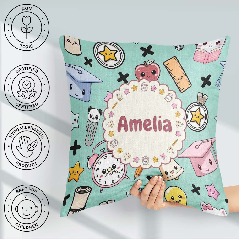 Custom Name Kawaii School Supplies Cat Books Clock Pencil Green Square Filled Cushion Throw Pillow Sofa Bed Home Decor Zip Washable UK Made
