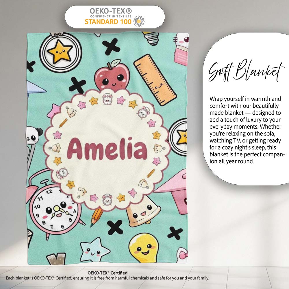 Cute Kawaii School Supplies Cat Books Clock Pencil Green Seamless Personalised Custom Name Super Soft Fleece Blanket Bed Sofa Throw