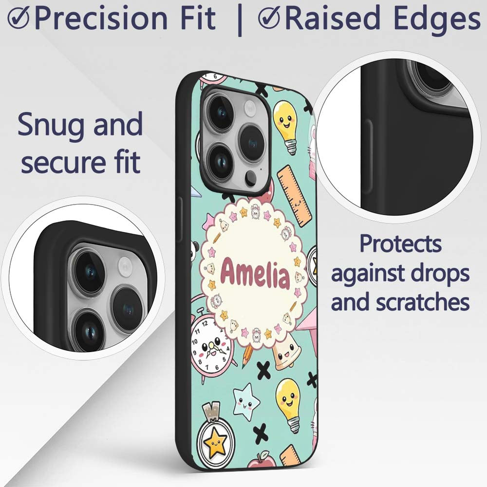 Cute Kawaii School Supplies Cat Printed Design Custom Name Protective Phone Case Mobile Cover Durable Everyday Smartphone Shock Resistant