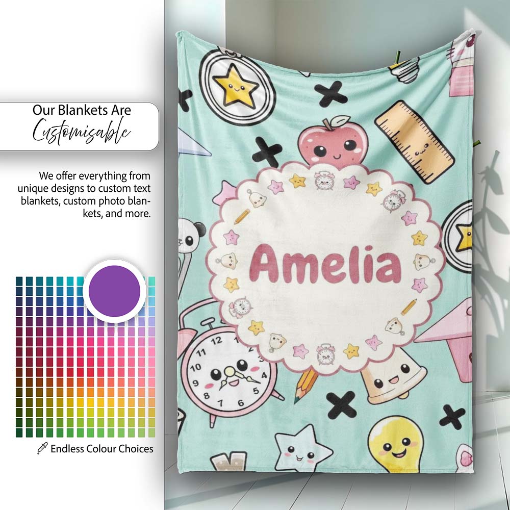 Cute Kawaii School Supplies Cat Books Clock Pencil Green Seamless Personalised Custom Name Super Soft Fleece Blanket Bed Sofa Throw