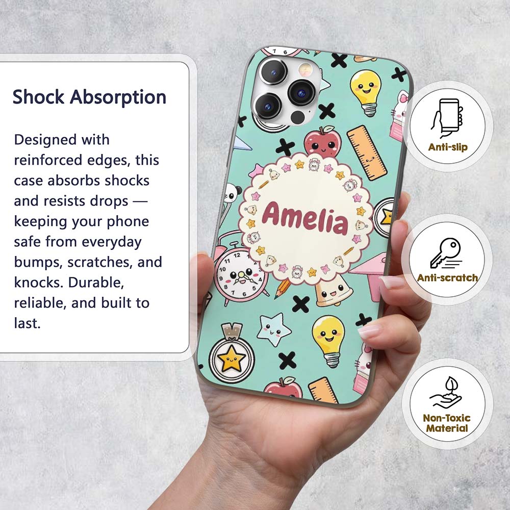 Cute Kawaii School Supplies Cat Printed Design Custom Name Protective Phone Case Mobile Cover Durable Everyday Smartphone Shock Resistant