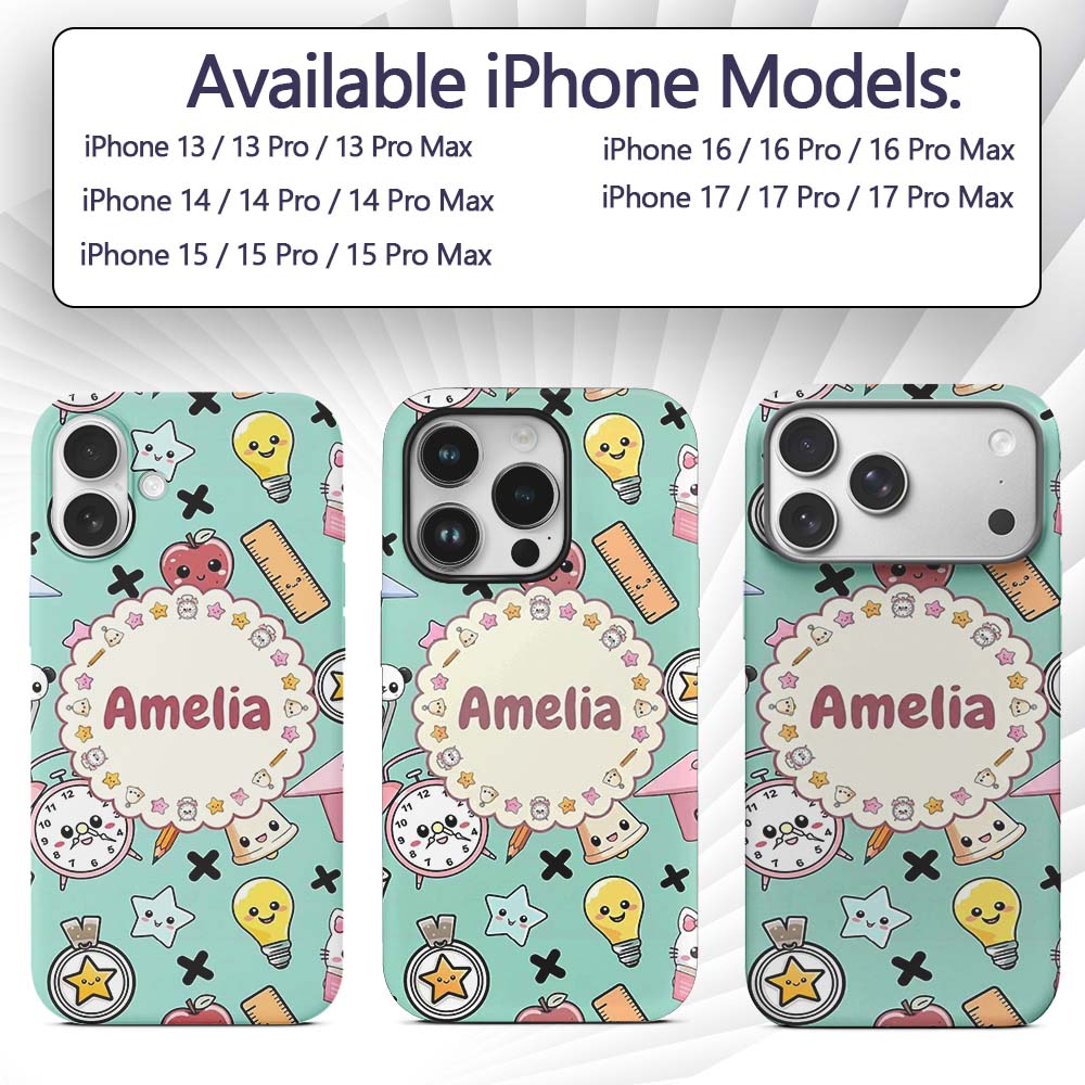 Cute Kawaii School Supplies Cat Printed Design Custom Name Protective Phone Case Mobile Cover Durable Everyday Smartphone Shock Resistant