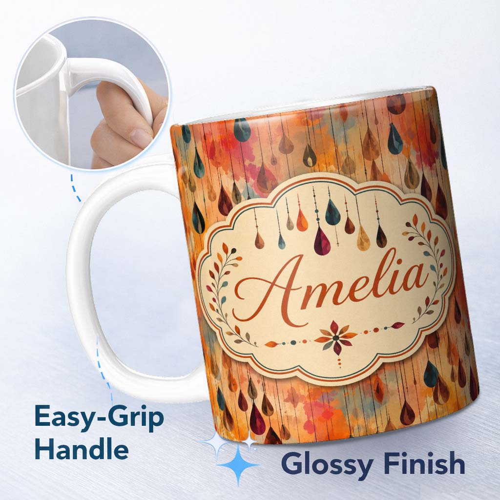 Personalized Custom Name Warm Autumn Raindrop Abstract Watercolor Seamless Pattern Lovely 11oz Ceramic Coffee Tea Mug White Large Handle