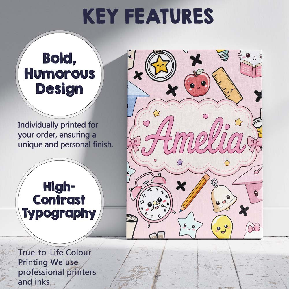 Personalised Name Cute Kawaii School Custom Premium Decorative Design Modern Room Accent Canvas Wall Art Print Decor Picture Ready to Hang